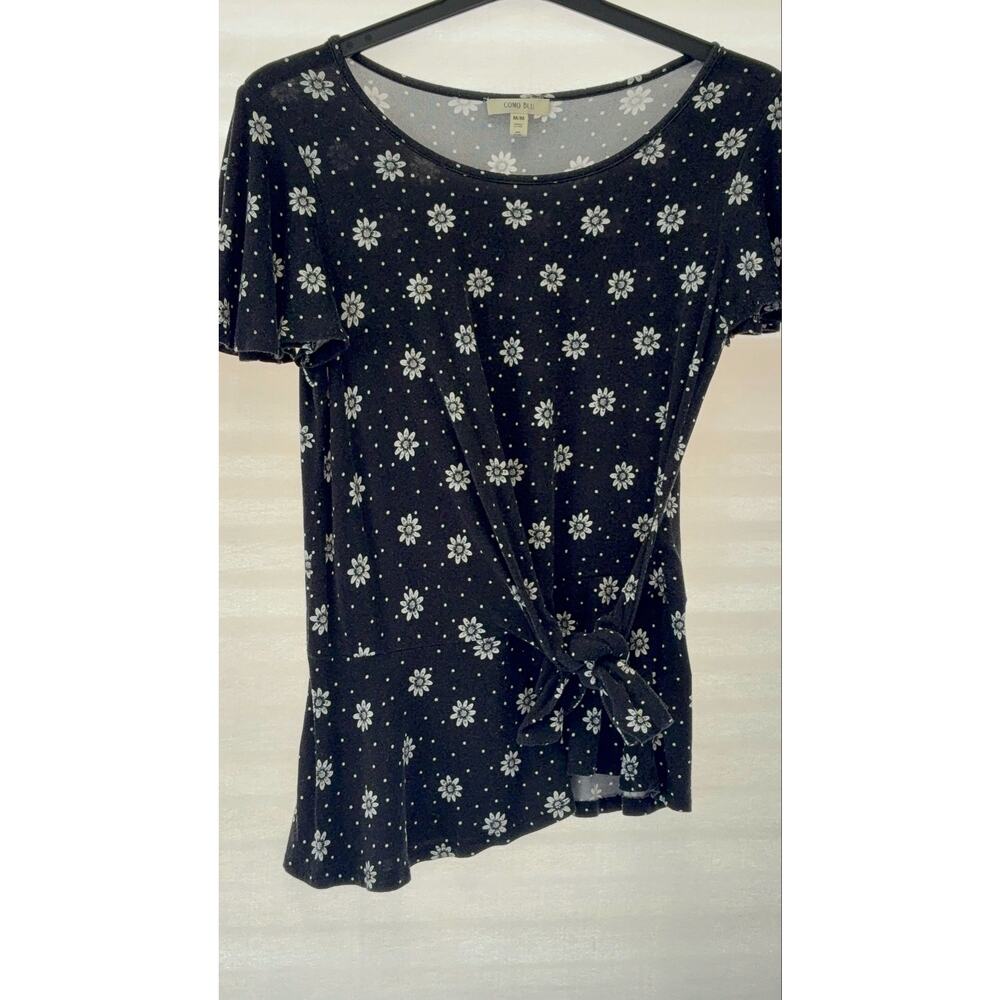 Como Blu Top Medium Black White Daisy Floral Polka Dot Side Tie Short Sleeve